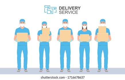Delivery People in blue uniform holding the box in medical rubber gloves and mask. Delivery service. Flat Style. isolated on white background