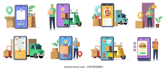 Delivery with people characters. Online order and couriers delivery at home, logistics with scooters and truck