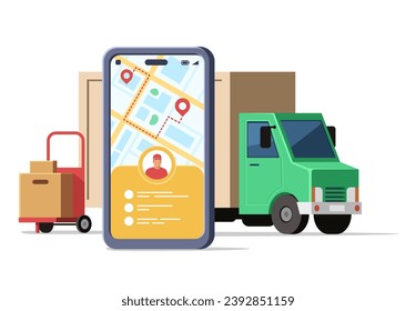 Delivery with people characters. Online order and couriers delivery at home, logistics with truck