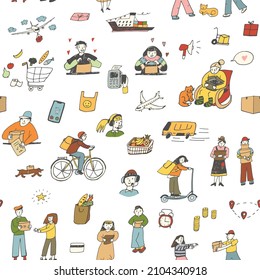 Delivery people and objects, food, gifts vector illustrations seamless pattern