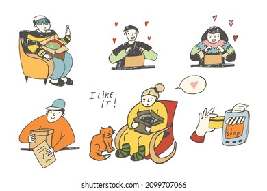 Delivery people and objects, happy customer vector illustrations set
