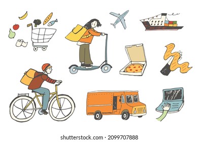 Delivery people and objects,pizza, bill, plane, shopping trolley, ship, truck, computer vector illustrations set