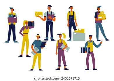 Delivery people set in flat character design for web. Bundle persons of different women and men work in logistic company. Couriers and delivers hold parcel, workers load boxes. Vector illustration.