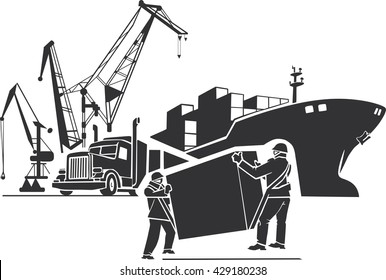 Delivery People Silhouettes . Logistics And Transport. Vector Illustration . Delivery Man Working In A Warehouse And Shipment Of Products .