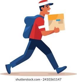 A delivery person is briskly walking with a package in a vector illustration.