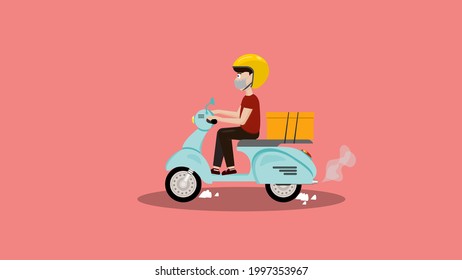 Delivery person carrying parcel, delivery service by moped scooter. Food delivery service, parcel delivery service concepts.