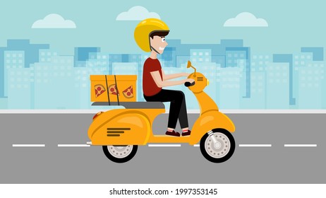 Delivery person carrying pizza on the road, pizza delivery service by moped scooter. City silhouette, sky with clouds in the background. Food delivery service, parcel delivery service concepts.