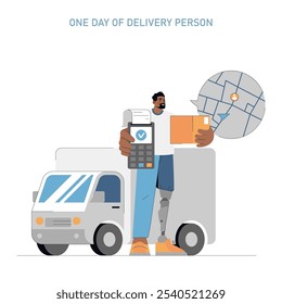 Delivery Person Concept. A courier checks an address on a GPS map, holding a package next to his van. Efficient parcel delivery workflow. Vector illustration.