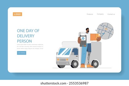 Delivery Person concept. Illustration of a courier with parcels near his van tracking the route on a map. Efficient logistics and timely service. Vector illustration.