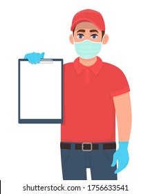 Delivery Person Or Courier In Mask And Gloves Showing Blank Clipboard. Man Holding Note Pad. Male Character Design. Corona Virus Epidemic Outbreak. Safety Shopping Service During Quarantine. Vector