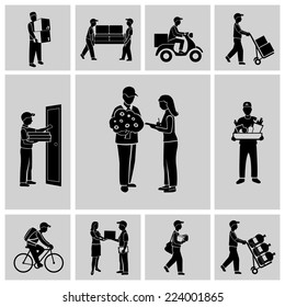 Delivery person courier service postman job icons black set isolated vector illustration