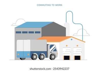 Conceito de Dia da Pessoa para Distribuição. Uma cena logística mostrando um caminhão saindo de um armazém, começando o trabalho do dia. Transporte de mercadorias, fluxo logístico, fundo industrial. Ilustração vetorial.