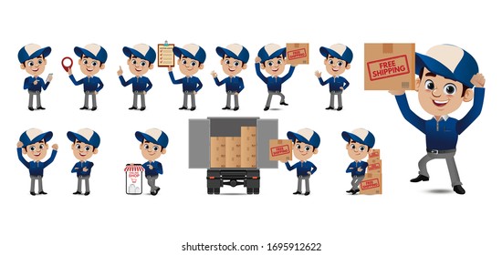 Delivery person with different poses. vector