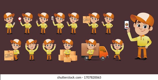 Delivery person with different poses. vector