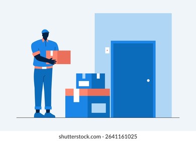 A delivery person dropping packages at the customer's door in a shopping scenario