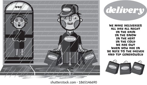 delivery person drops off bags to a waiting customer at the door.