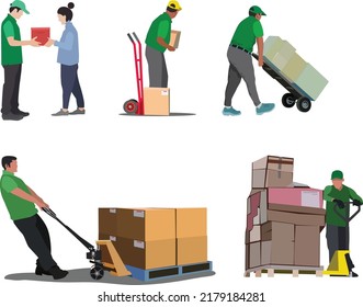 Delivery person freight logistic business industry icons flat set, People at work isolated vector illustration.