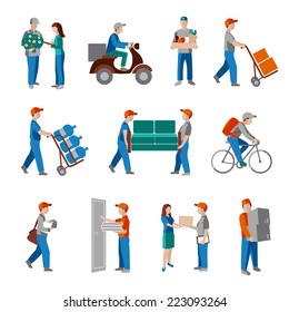 Delivery person freight logistic business industry icons flat set isolated vector illustration.