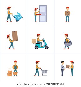 Delivery person freight logistic business service icons flat set isolated vector illustration