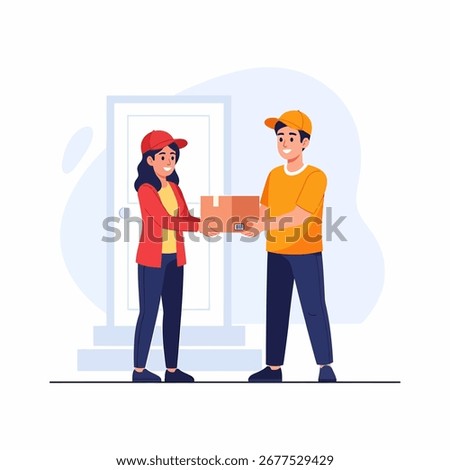Delivery person hands a package to a recipient in front of a door.