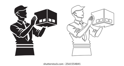 Delivery Person Holding Package  Black and White Silhouette