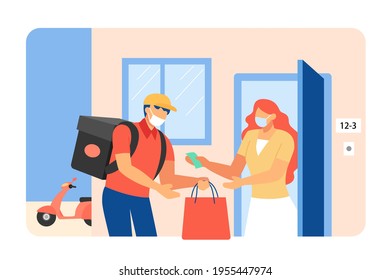 Delivery person making home delivery on goods to female customer. Courier man and woman wearing protective face masks during pandemic. Flat design of home delivery during pandemic.
