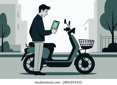 Delivery person in a monochrome setting standing next to his electric scooter and checking a customer order on his smartphone.