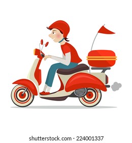 Delivery person on retro scooter fast service icon isolated on white background vector illustration