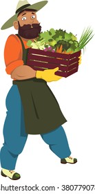 Delivery person in overalls carrying a crate with fresh produce, EPS 8 vector cartoon, no transparencies