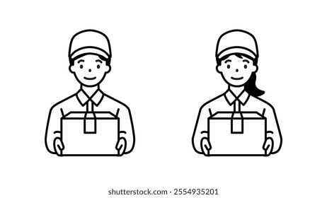 Delivery person with package, front, male and female, line width variable