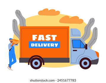 Delivery person with a package next to a van with FAST DELIVERY text, illustration on a light background, concept of quick shipping service. Flat vector illustration