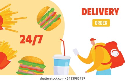 Delivery person red cap yellow jacket holding receipt near fast food items. Food delivery service concept courier, burger, fries, soda. Fast, convenient meal ordering vector illustration svg