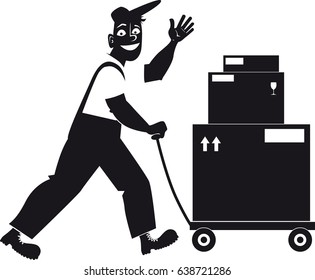 Delivery person transporting shipping boxes on a dolly, EPS 8 vector silhouette, no white objects, black only