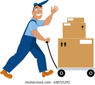 Delivery person transporting shipping boxes on a dolly, EPS 8 vector illustration