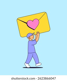 Delivery person walking while carrying a large yellow envelope with a pink heart seal cartoon vector hand drawn illustration symbolizes love messages, kindness, or mail delivery