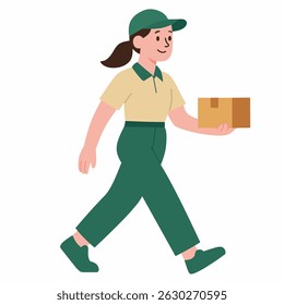 A delivery person walking while carrying a package.