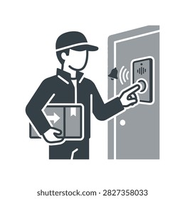 A delivery person wearing a cap and jacket holds a package and rings a doorbell on a door.