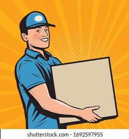 Delivery person worker delivered box. Retro comic pop art vector illustration
