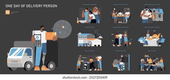 Delivery Person's Daily Life set. Starting the day, managing work tasks, family time, and social activities. Routine of a courier in modern life. Vector illustration.