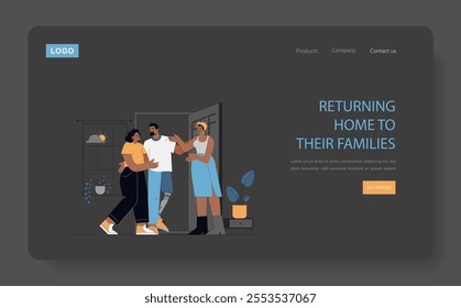 Delivery person's day concludes with joyful family reunion. A heartfelt moment when work gives way to the warmth of home. Vector illustration.