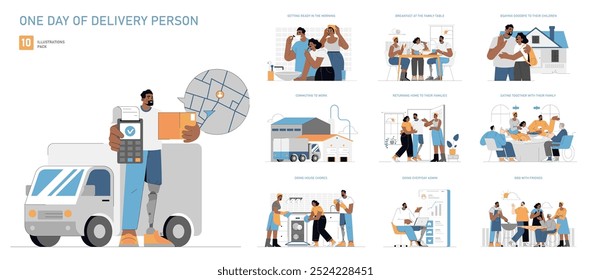 Delivery Person's Day set. Daily life and family interaction of a courier. Work routine, home responsibilities, and social life balance. Vector illustration.