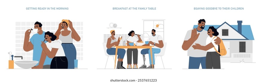 Delivery person's morning routine set. From brushing teeth to family breakfast and farewells, a heartfelt start to the day. Vector illustration.