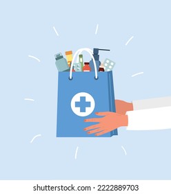 Delivery pharmacy service. Human hand holding paper bag with drugs and pills. Online medicine concept. Vector illustration in flat cartoon style.