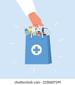 Delivery pharmacy service. Human hand holding paper bag with drugs and pills. Online medicine concept. Vector illustration in flat cartoon style.