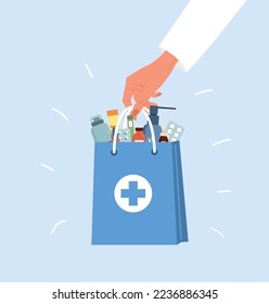 Delivery pharmacy service. Human hand holding paper bag with drugs and pills. Online medicine concept. Vector illustration in flat cartoon style.