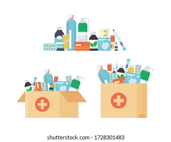 Delivery pharmacy service. Open cardboard box and Paper bag with a set of drugs, pills and bottles inside. Vector illustration in flat style on white background