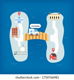 Delivery pharmacy to your home. Flat map design illustration. transportation idea.