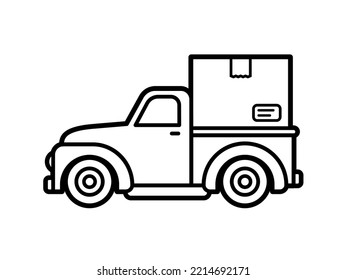 Delivery pickup truck with package icon over white background, bold outline style, vector illustration