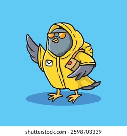 Delivery pigeon is delivering a package while wearing a raincoat