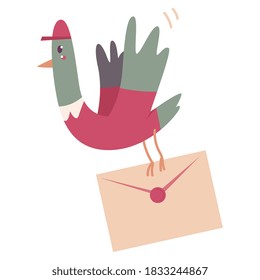 Delivery pigeon with with postal envelope vector cartoon illustration isolated on a white background.